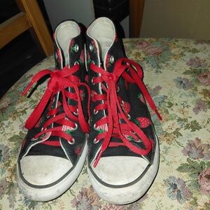 Kids Black High-Top Sneakers with Red Laces and Strawberry Print